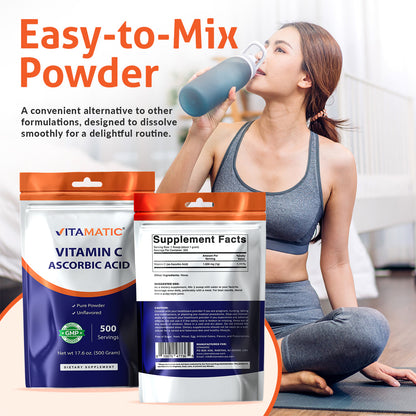 Vitamin C Powder (Ascorbic Acid) – 1000 mg per Serving – 500 Servings - 17.6 Oz (500g) – Pure Unflavored Vitamin C Supplement – Non-GMO, Gluten Free, No Additives