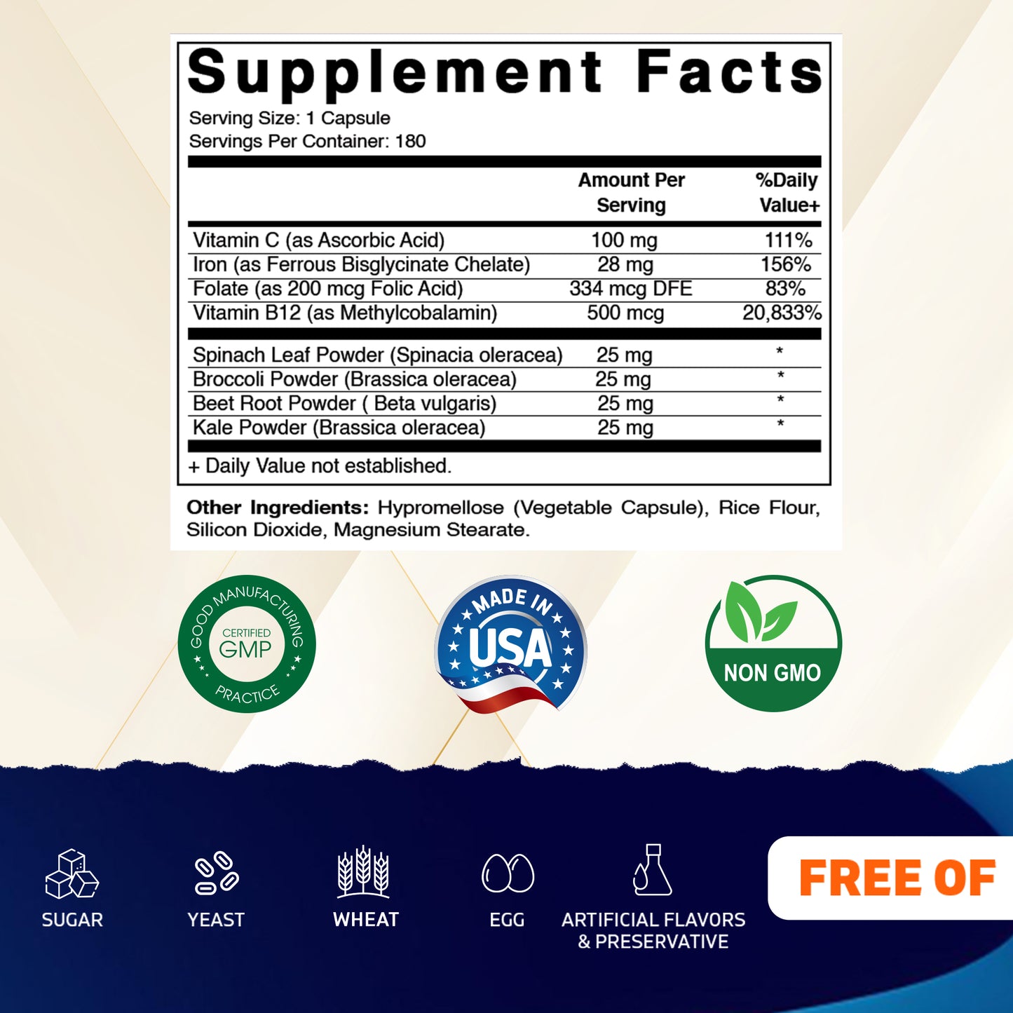 Vitamatic Vegan Iron with Vitamin C, B6, B12 & Folic Acid | Plus Spinach, Broccoli, Beetroot & Kale | 180 Capsules | Non-GMO, Gluten-Free, Sugar-Free | Made in USA