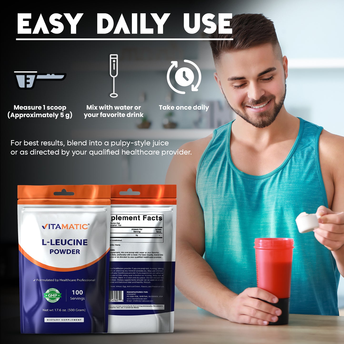 L-Leucine Powder 500g (17.6 oz), 5g Per Serving, 100 Servings Per Bag