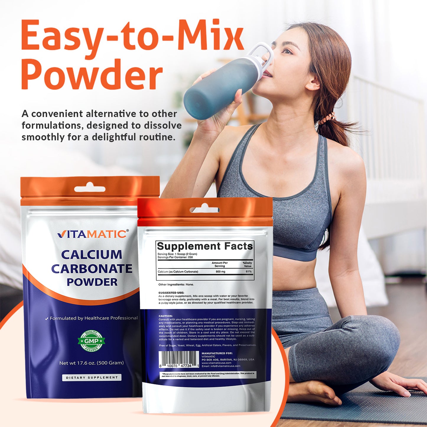 Calcium Carbonate Powder – 500 g (17.6 oz) – Unflavored Dietary Supplement Powder Non-GMO