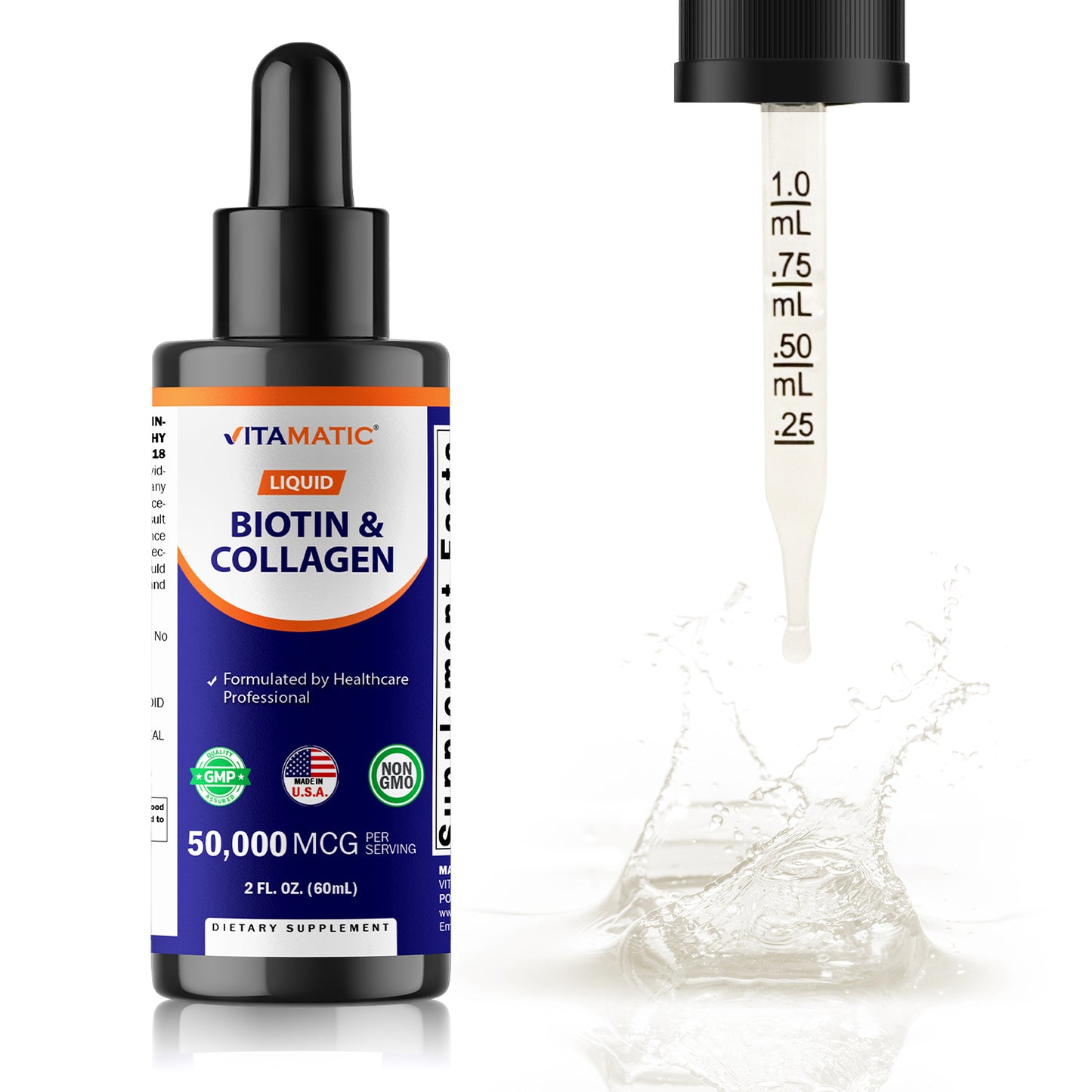 Vitamatic Liquid Biotin & Collagen for Hair Growth - Women & Men – Supports Glowing Skin, Healthy Hair & Nail Growth (2Fl Oz)