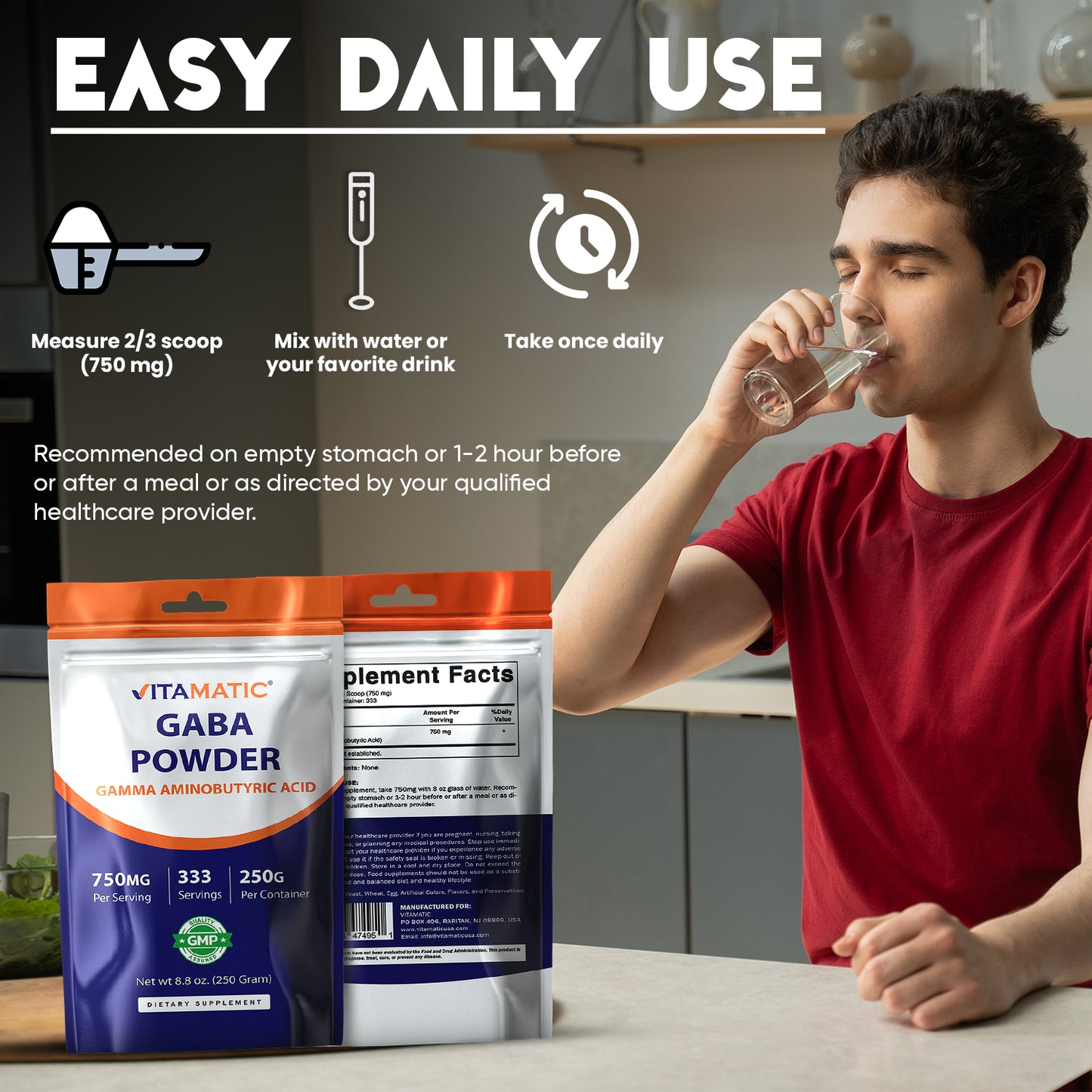 Gamma Aminobutyric Acid Powder 750mg per Serving -250 Grams, 333 Servings