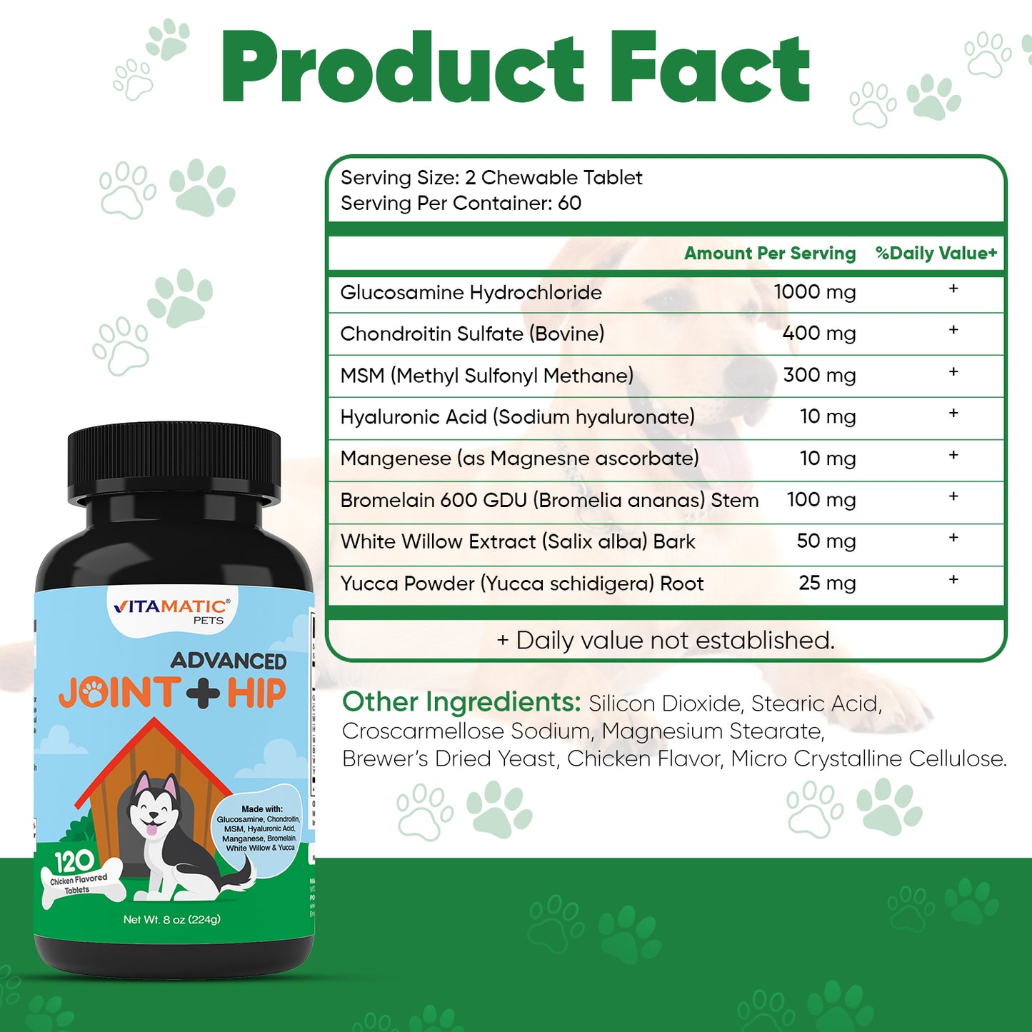Maximum Strength Joint & Hip Health Supplement for Dogs 120 Chicken Flavored Tablets
