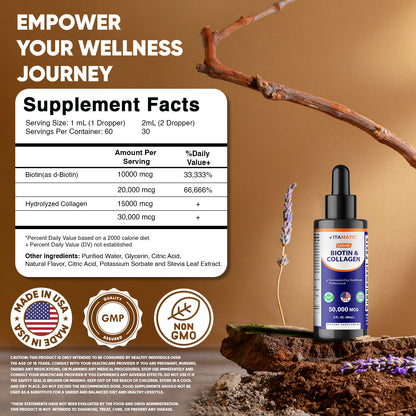Vitamatic Liquid Biotin & Collagen for Hair Growth - Women & Men – Supports Glowing Skin, Healthy Hair & Nail Growth (2Fl Oz)