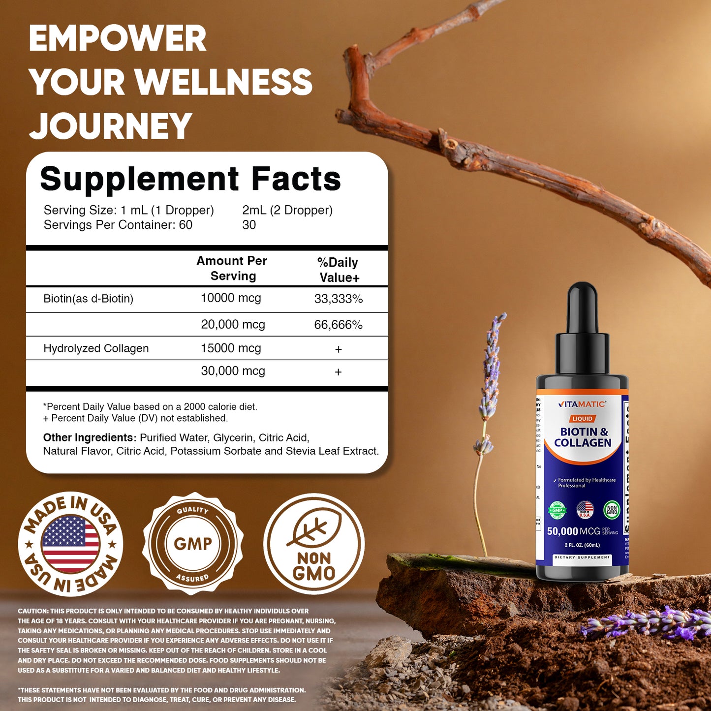 Vitamatic Liquid Biotin & Collagen for Hair Growth - Women & Men – Supports Glowing Skin, Healthy Hair & Nail Growth (2Fl Oz)