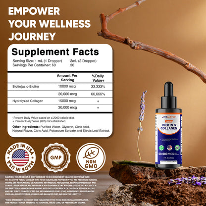 Vitamatic Liquid Biotin & Collagen for Hair Growth - Women & Men – Supports Glowing Skin, Healthy Hair & Nail Growth (2Fl Oz)