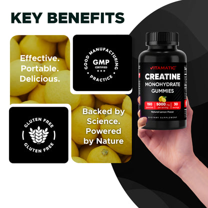 Vitamatic Creatine Gummies 5000mg per Serving Natural Lemon Flavor – 150 Gummies