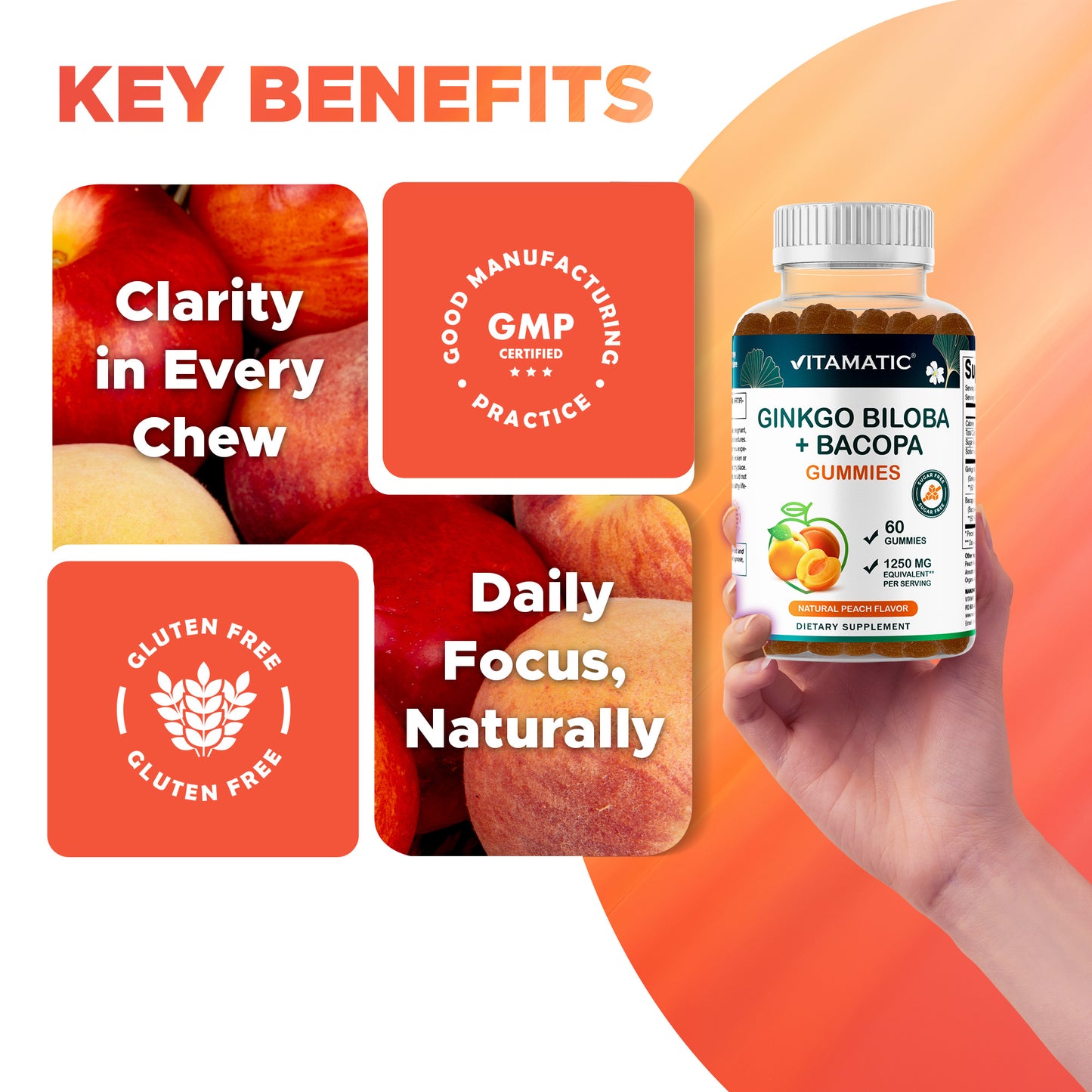 Ginkgo Biloba + Bacopa Gummies – 1250 mg Equivalent | Natural Peach Flavor | 60 Vegan Gummies