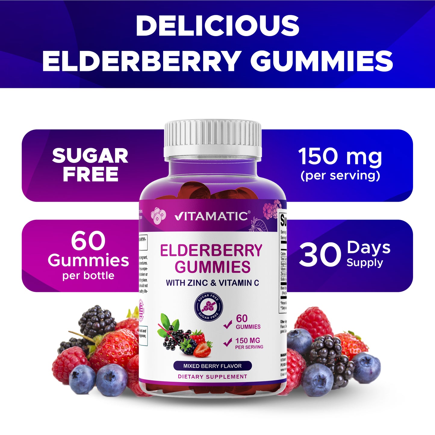 Vitamatic Elderberry Gummies with Vitamin C & Zinc – Mixed Berry Flavor– 60 Gummies