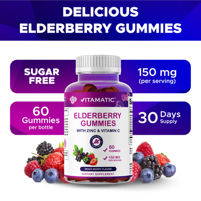 Vitamatic Elderberry Gummies with Vitamin C & Zinc – Mixed Berry Flavor– 60 Gummies