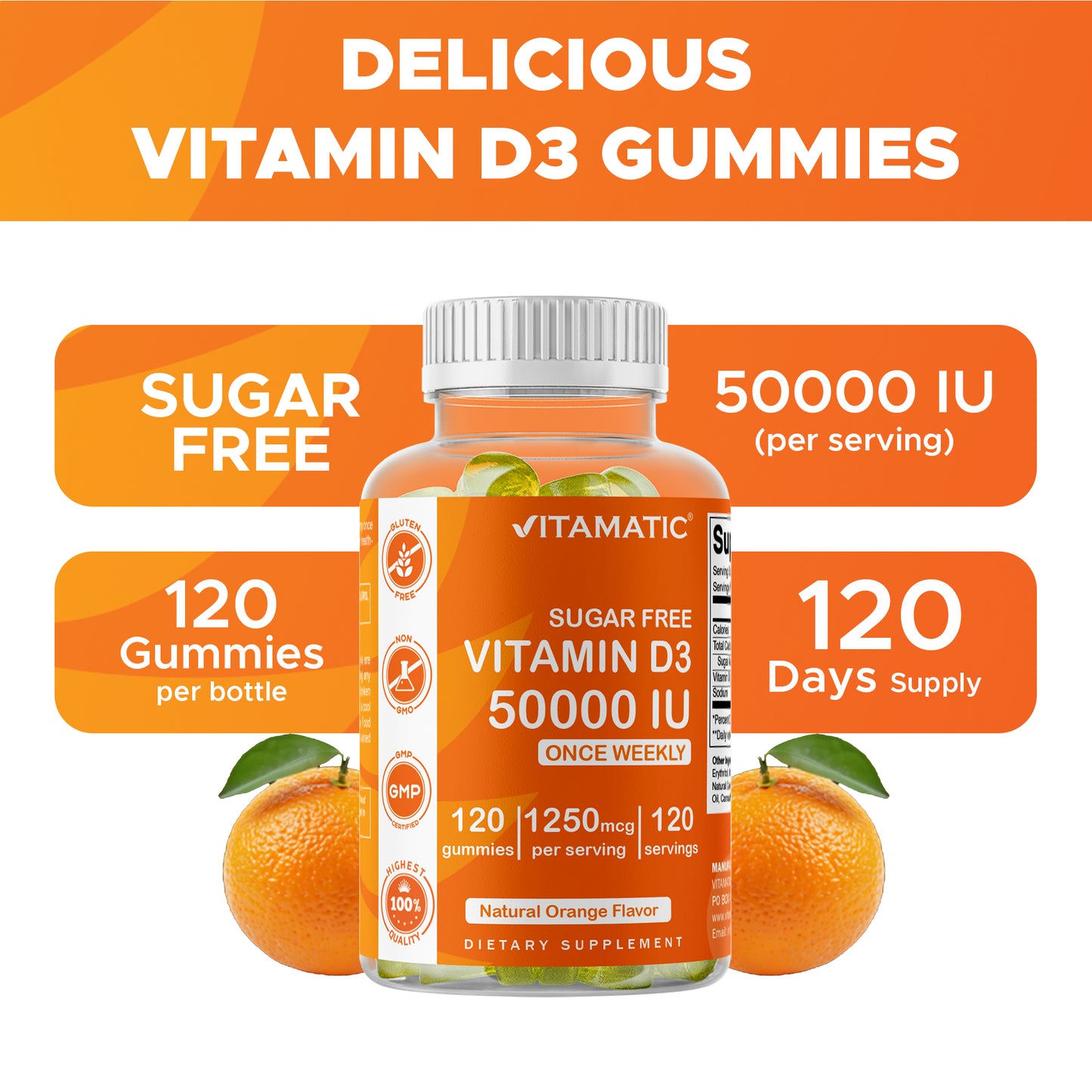 Sugar Free Vitamin D3 50000 IU Pectin Based - 120 Gummies