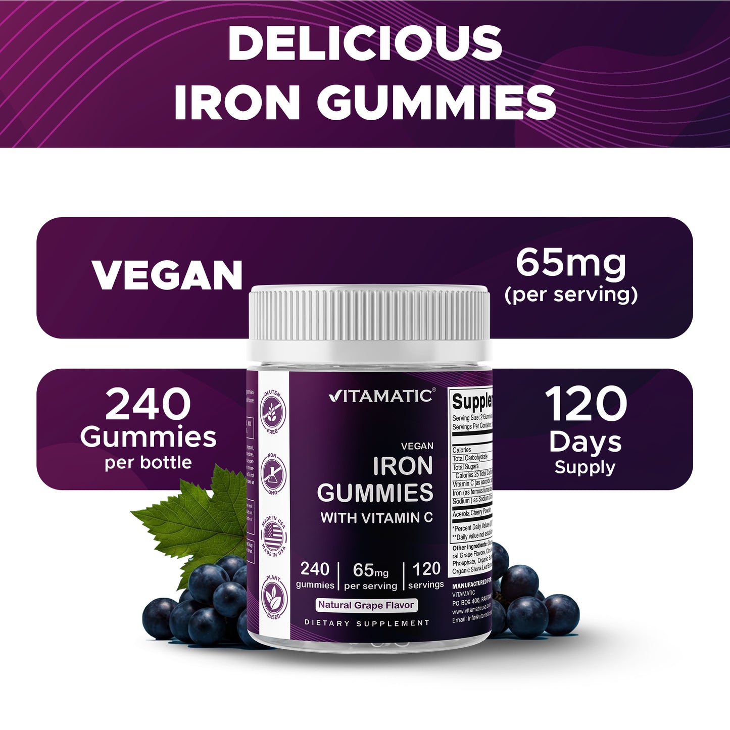 Iron 65 mg Gummies Supplement for Women & Men - 240 Vegan Gummies