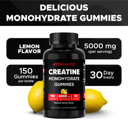 Vitamatic Creatine Gummies 5000mg per Serving Natural Lemon Flavor – 150 Gummies