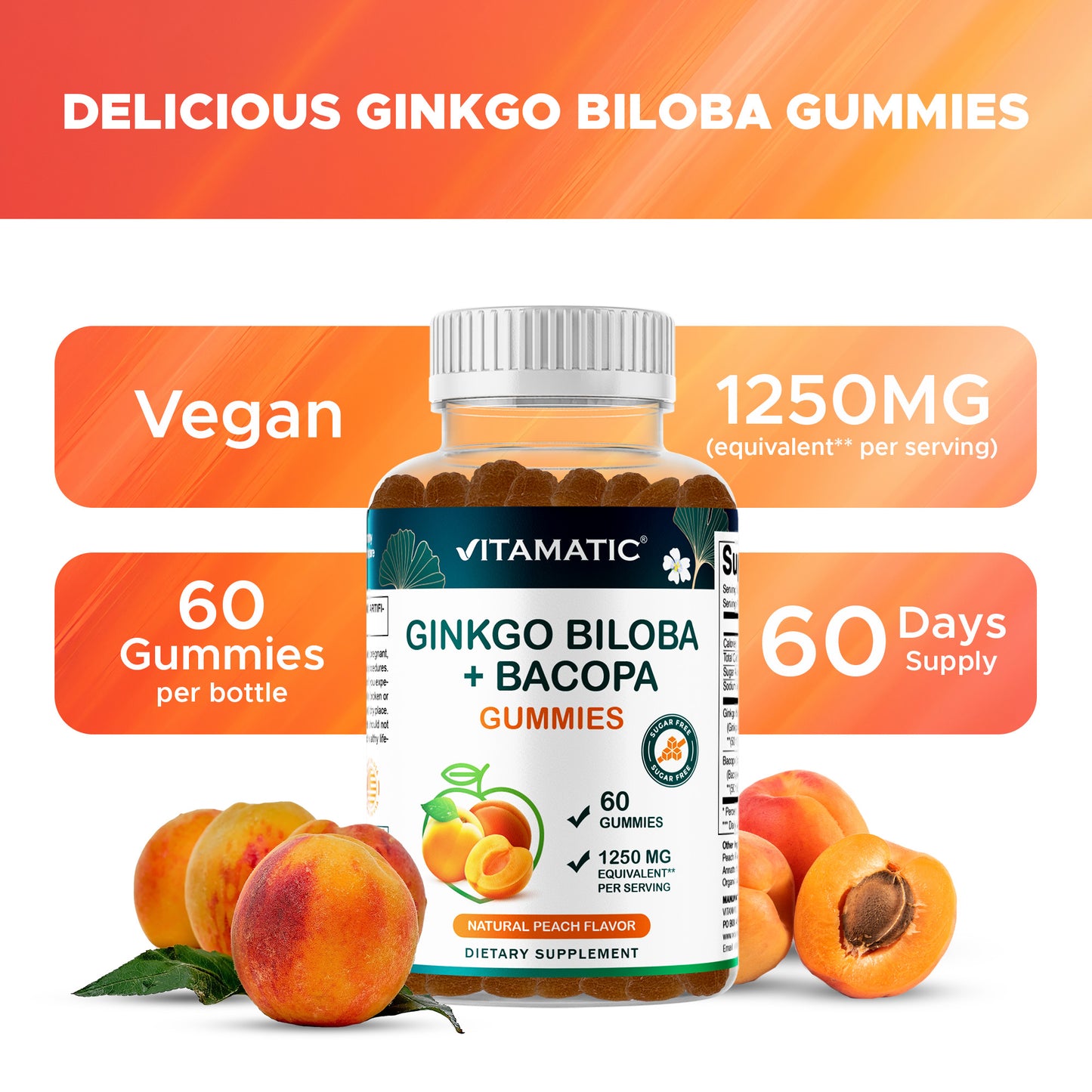 Ginkgo Biloba + Bacopa Gummies – 1250 mg Equivalent | Natural Peach Flavor | 60 Vegan Gummies