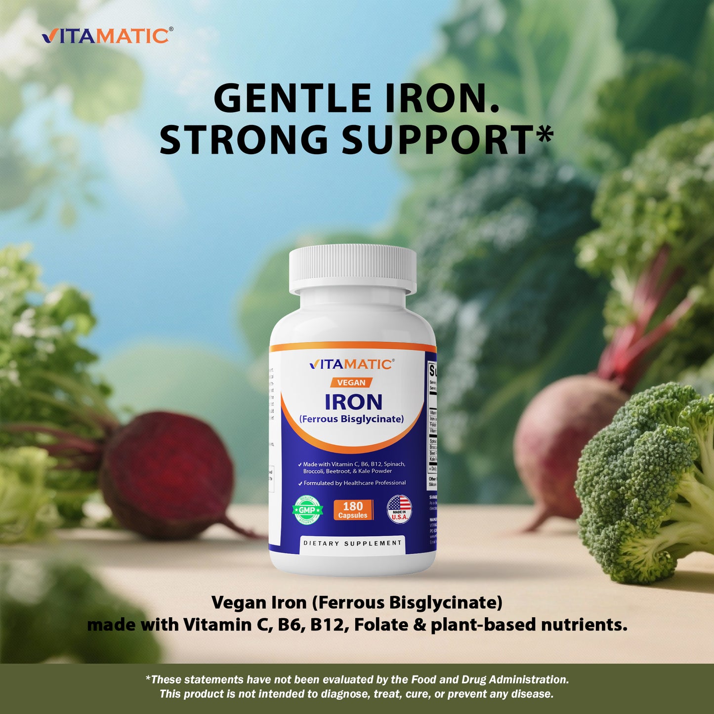 Vitamatic Vegan Iron with Vitamin C, B6, B12 & Folic Acid | Plus Spinach, Broccoli, Beetroot & Kale | 180 Capsules | Non-GMO, Gluten-Free, Sugar-Free | Made in USA