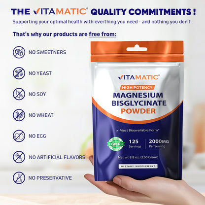 Vitamatic Magnesium (from Bisglycinate & Oxide) - Supports Muscle, Joint, and Heart Health 250 Grams - 125 Servings