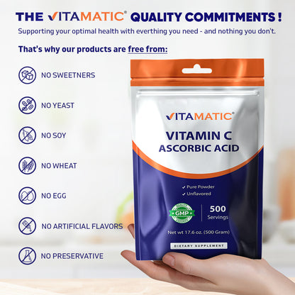 Vitamin C Powder (Ascorbic Acid) – 1000 mg per Serving – 500 Servings - 17.6 Oz (500g) – Pure Unflavored Vitamin C Supplement – Non-GMO, Gluten Free, No Additives
