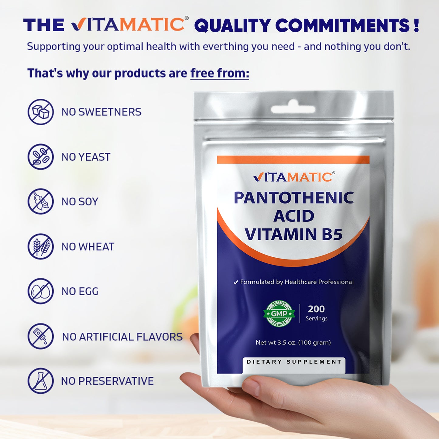 Pantothenic Acid Pure Powder 500 mg per Serving, 100 Grams -Also Called Vitamin B5