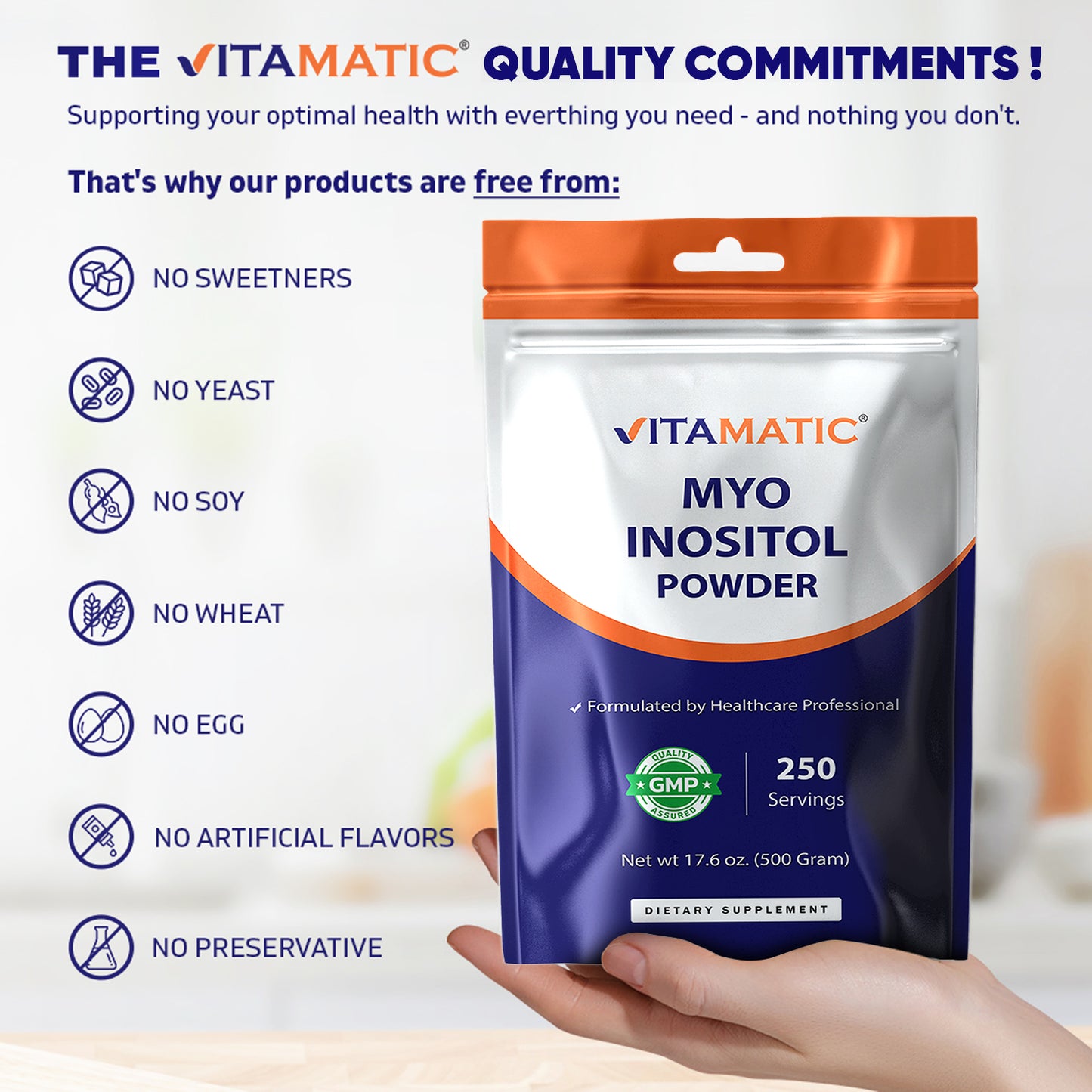 Myo-Inositol Powder 2000 mg per Serving | 500 g (250 Servings) | Pure Powder | No Sugar | No Fillers | Non-GMO | Dietary Supplement