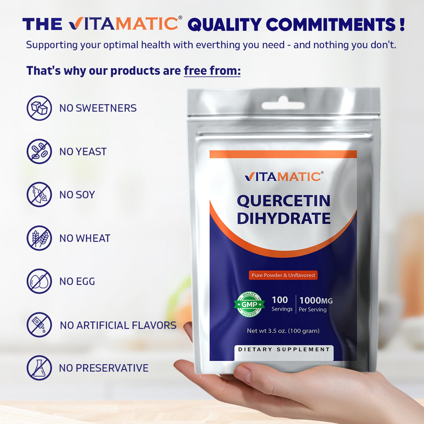 Vitamatic Quercetin Dihydrate Powder 1000 mg | Pure & Unflavored | Non-GMO | Dietary Supplement - 100 Grams