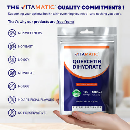 Vitamatic Quercetin Dihydrate Powder 1000 mg | Pure & Unflavored | Non-GMO | Dietary Supplement - 100 Grams