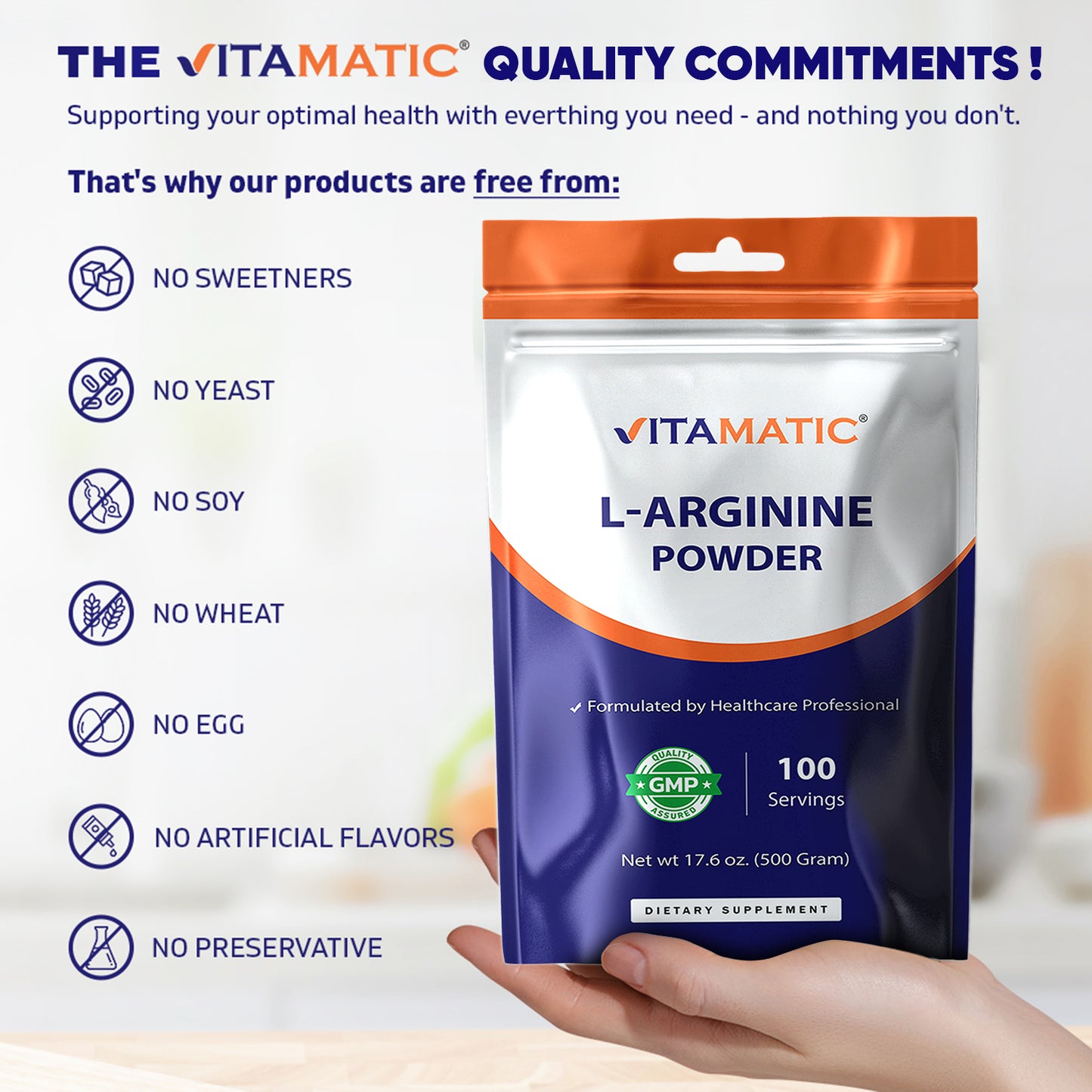 Vitamatic L-Arginine Pure Powder 500 Gram | Unflavored | Non GMO | Gluten Free | No Additives | 5000mg Per Serving | 100 Servings