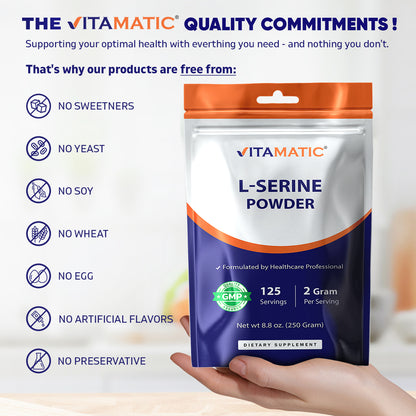 Vitamatic L-Serine Pure Powder 250 Gram | 2000 mg per Serving | 125 Servings