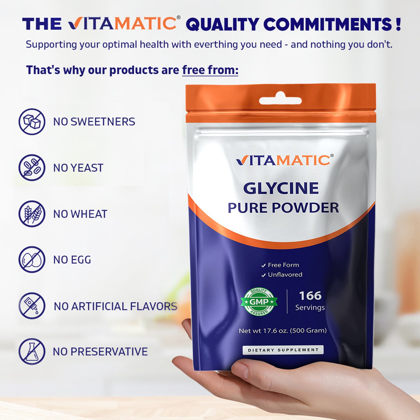 Glycine Powder – 3,000 mg Per Serving, Free-Form Amino Acid Supplement, Unflavored, 17.6 oz (500 g), Non-GMO, Gluten Free.