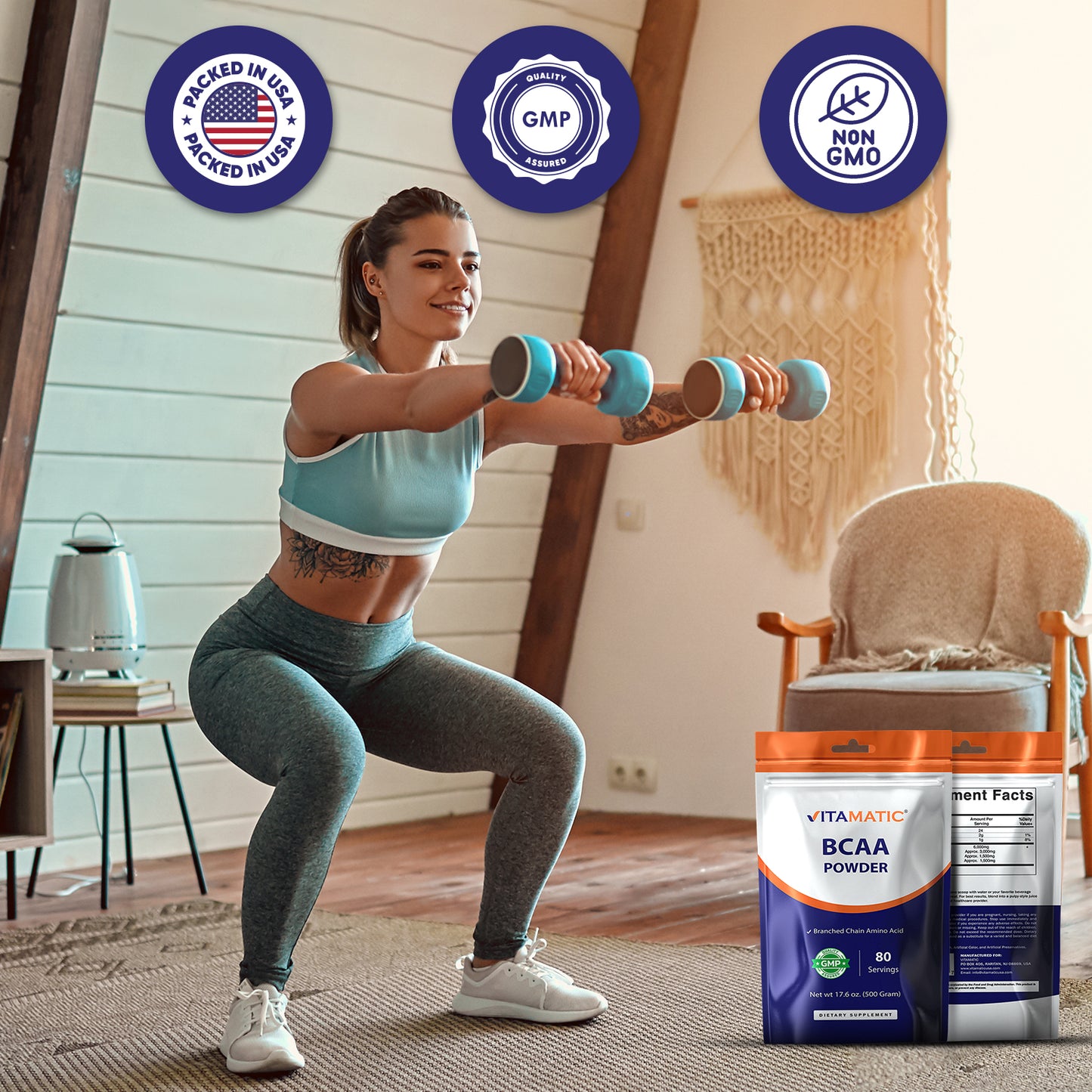 Vitamatic BCAA Powder – 2:1:1 Instantized Branched Chain Amino Acid – 6000 mg per Serving – L-Leucine, L-Isoleucine & L-Valine - 500 Gram