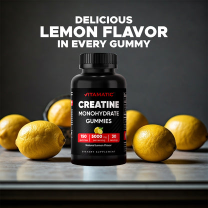 Vitamatic Creatine Gummies 5000mg per Serving Natural Lemon Flavor – 150 Gummies