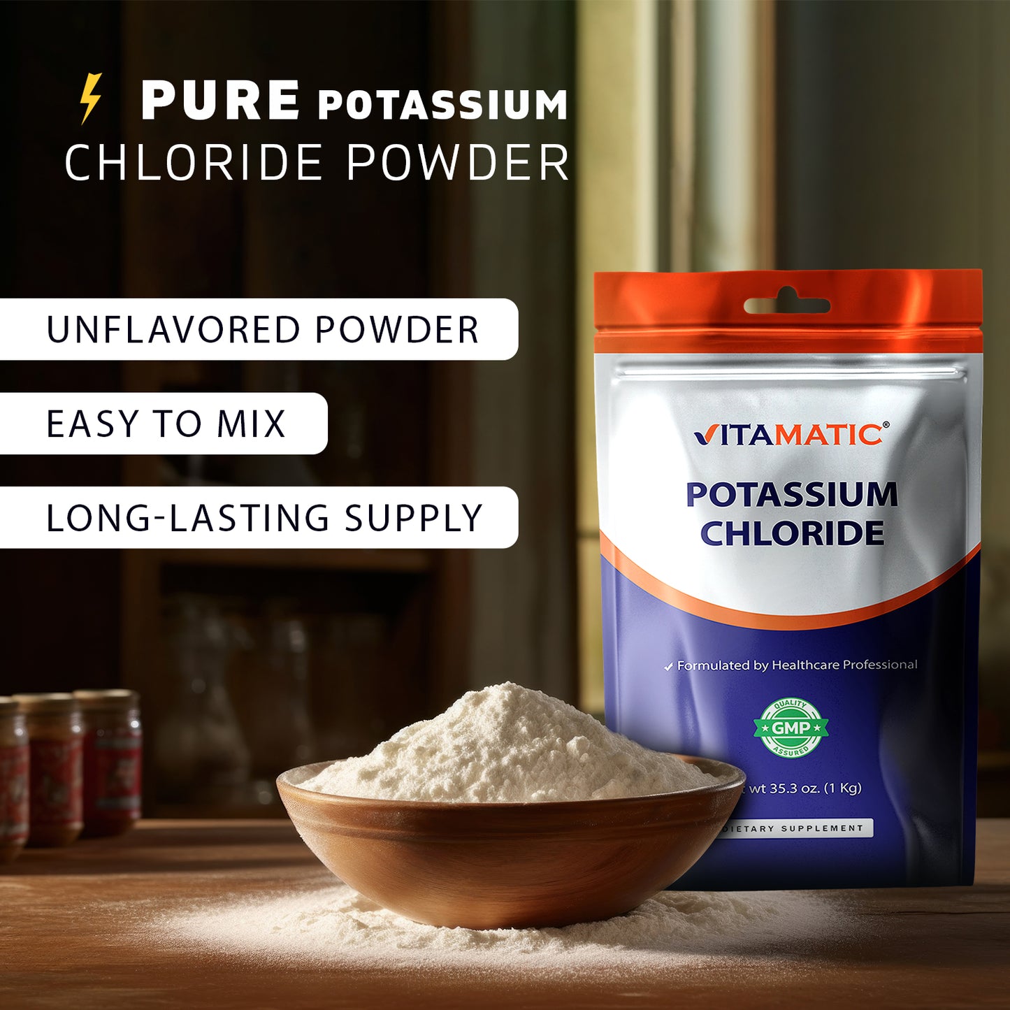 Potassium Chloride Powder – 1 Kg (2.2 lb) – Pure, No Fillers, Non-GMO, Gluten Free