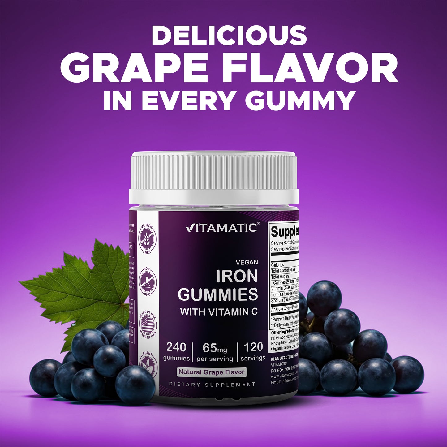 Iron 65 mg Gummies Supplement for Women & Men - 240 Vegan Gummies