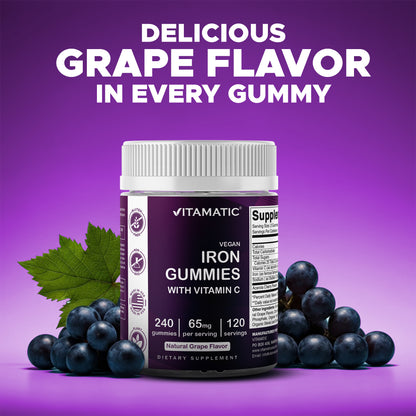 Iron 65 mg Gummies Supplement for Women & Men - 240 Vegan Gummies