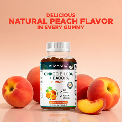 Ginkgo Biloba + Bacopa Gummies – 1250 mg Equivalent | Natural Peach Flavor | 60 Vegan Gummies