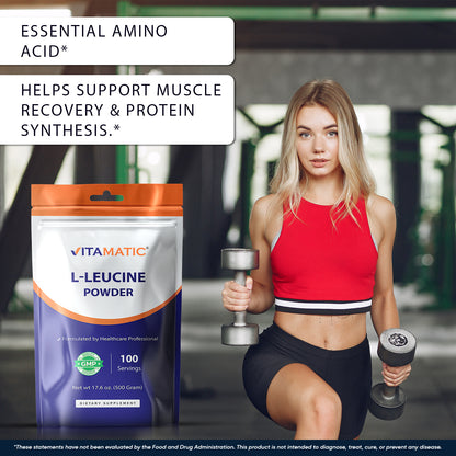 L-Leucine Powder 500g (17.6 oz), 5g Per Serving, 100 Servings Per Bag