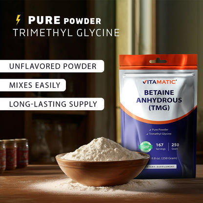 Betaine Anhydrous (TMG) Powder – 250 g (8.8 oz) – Pure Trimethylglycine