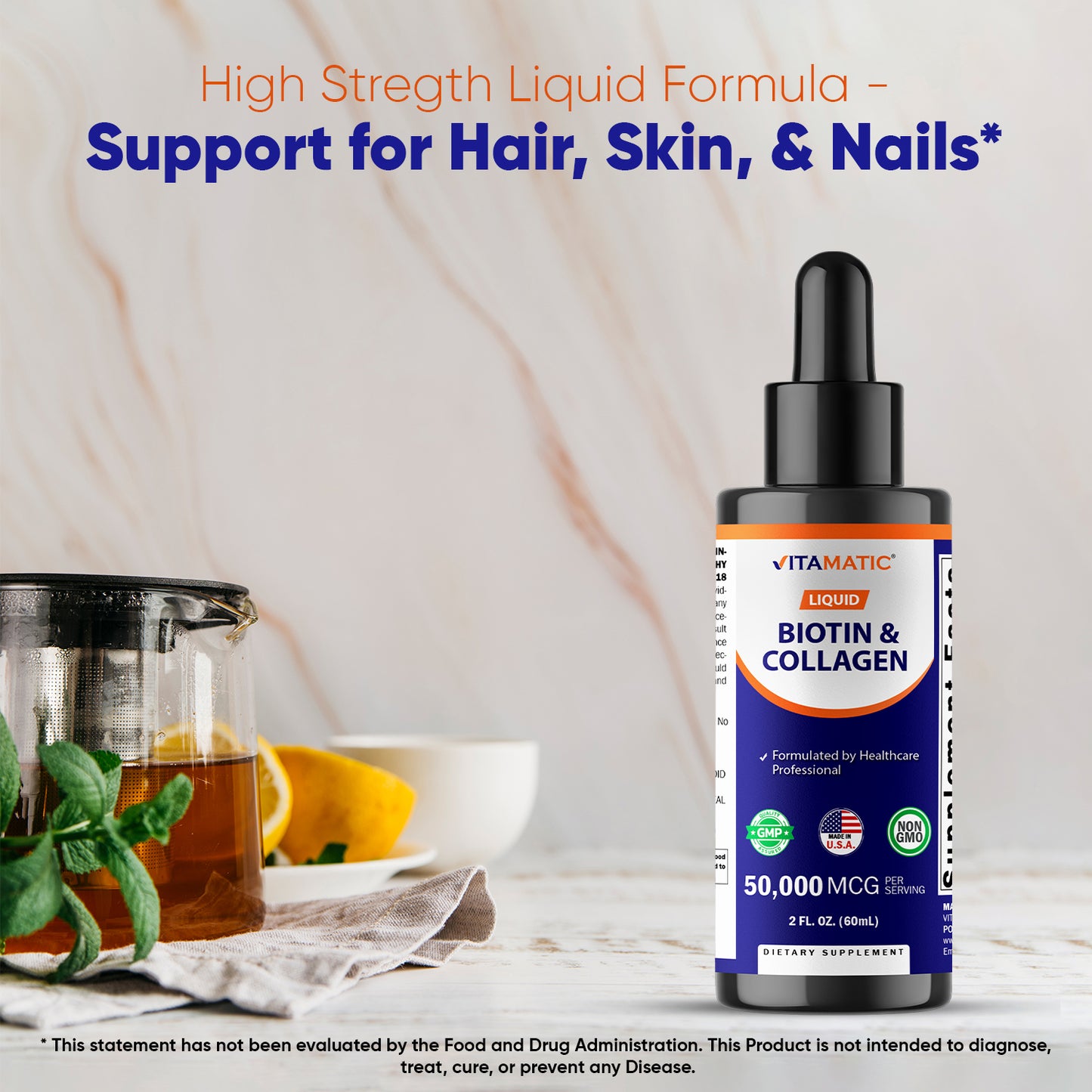 Vitamatic Liquid Biotin & Collagen for Hair Growth - Women & Men – Supports Glowing Skin, Healthy Hair & Nail Growth (2Fl Oz)