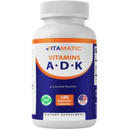 ADK Vitamin Supplement, 180 Veg Capsules (Vitamins A, D3, K2)