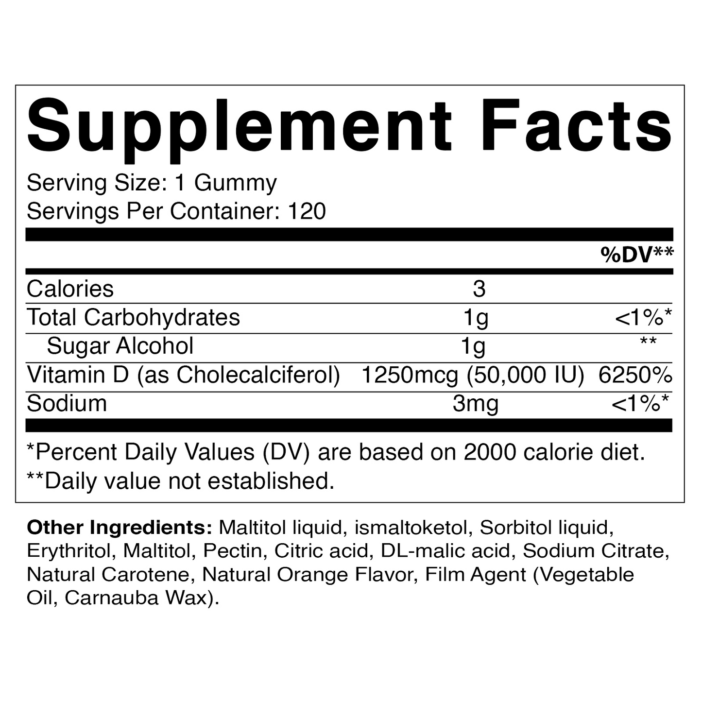 Sugar Free Vitamin D3 50000 IU Pectin Based - 120 Gummies