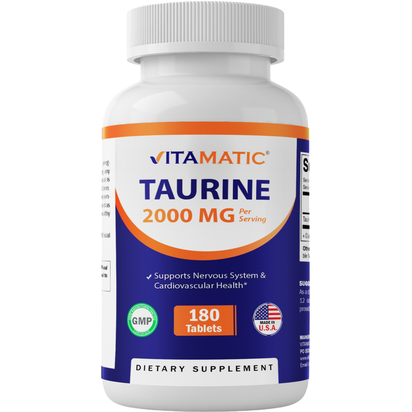 Taurine 2000mg Vegetarian Tablets, 180 Count, Non-GMO, Gluten Free