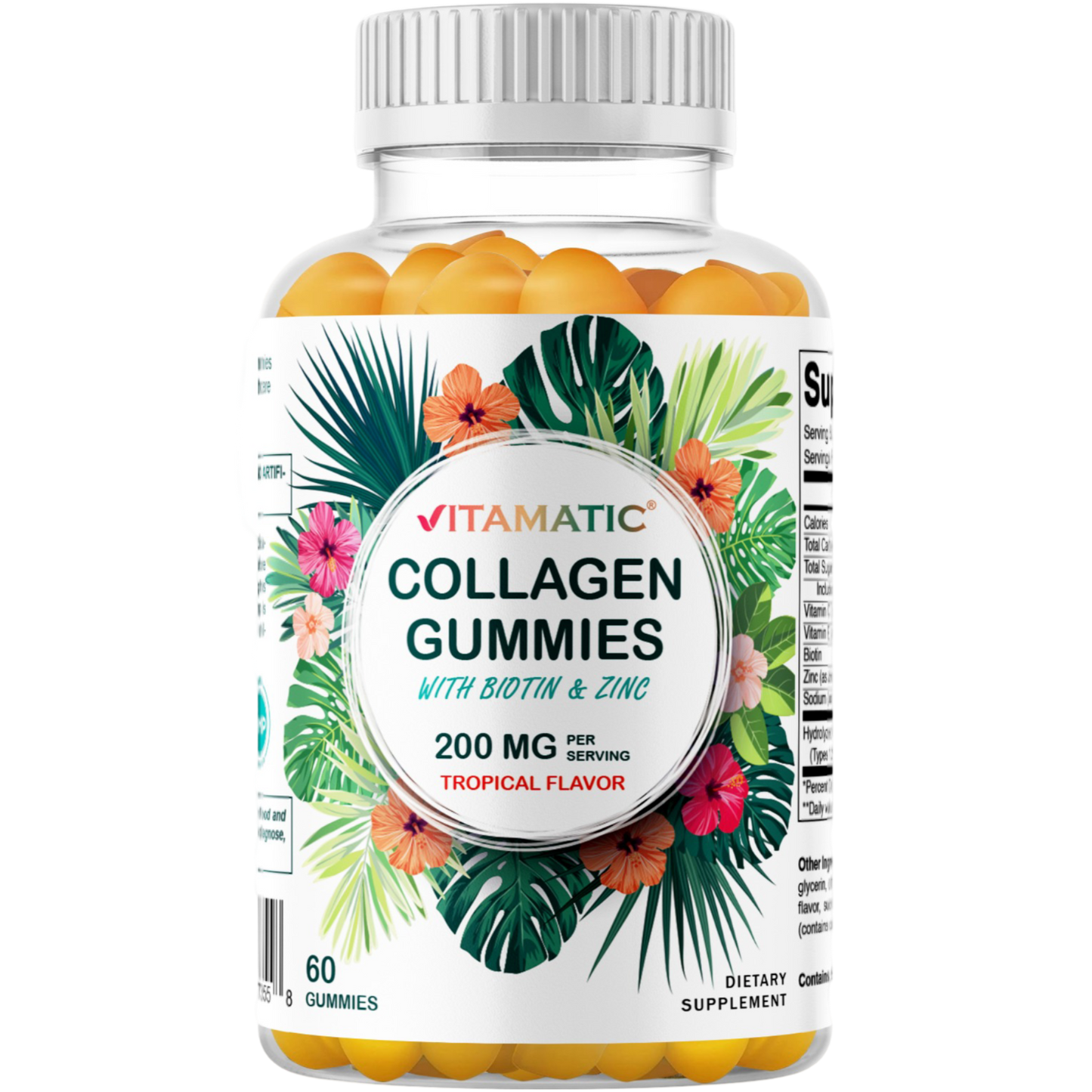 Hydrolyzed Collagen Gummies with Vitamin C, Zinc and Biotin, 200mg - 60 Gummies