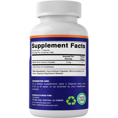 Lithium Orotate 5mg, 240 Veggie Capsules