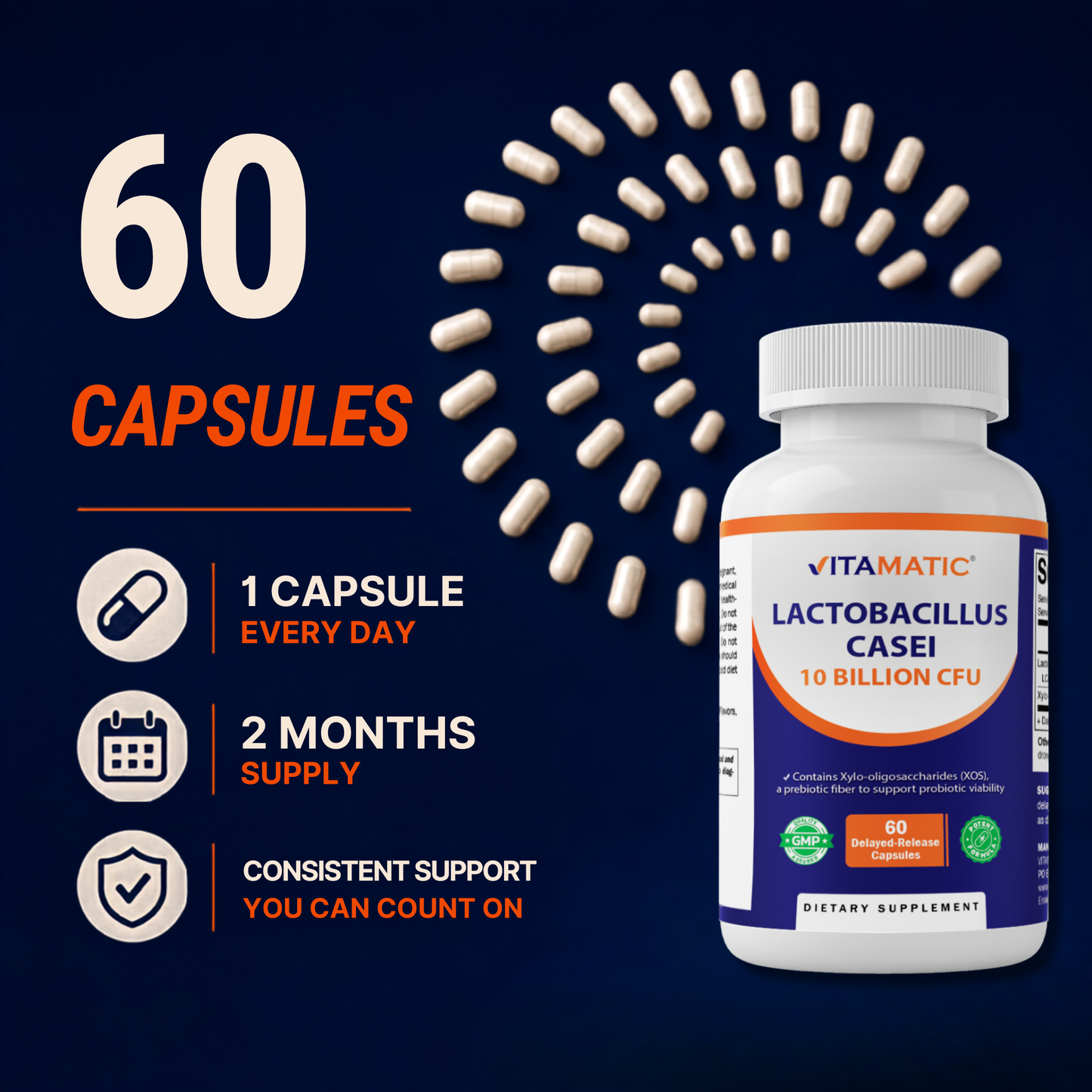 Vitamatic Lactobacillus Casei 10 Billion CFU with XOS Prebiotic, 60 Delayed Release Capsules