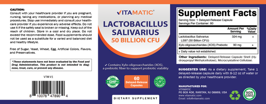 Vitamatic Lactobacillus Salivarius 50 Billion CFU with XOS Prebiotic, 60 Delayed Release Capsules