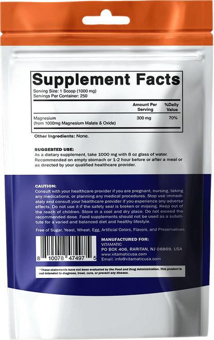 Vitamatic Magnesium Malate Powder 1000mg Per Serving, 250g Pouch