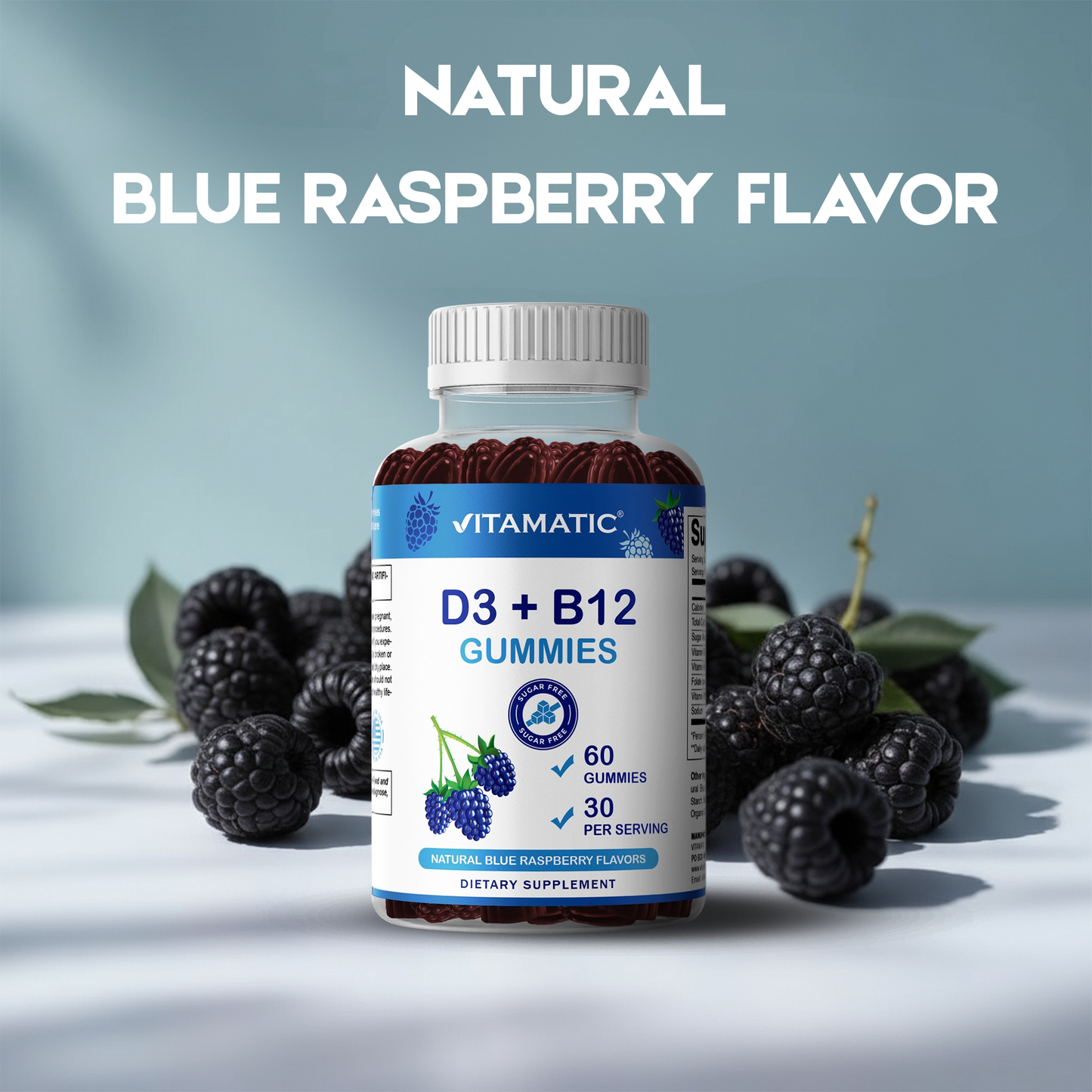 Vitamatic Vitamin D3 + B12 Gummies Made with Folate & Vitamin B6 - Natural Blue Raspberry Flavor – 60 Gummies