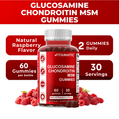 Vitamatic Glucosamine Chondroitin MSM Gummies showing natural raspberry flavor, 60 gummies, 30 servings, and recommended daily serving information.