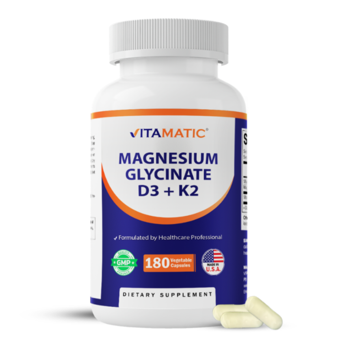 Magnesium Glycinate 200 mg (Elemental) with Vitamin D3 5000 IU & K2 200 mcg – High Absorption Bone, Muscle & Heart Support – 180 Veg Capsules – Non-GMO – Made in USA