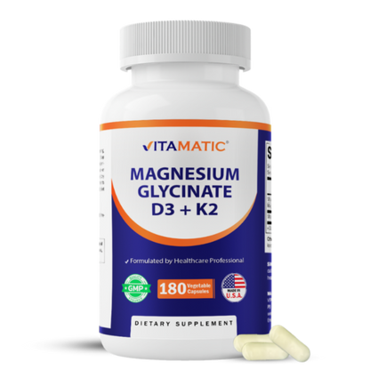 Magnesium Glycinate 200 mg (Elemental) with Vitamin D3 5000 IU & K2 200 mcg – High Absorption Bone, Muscle & Heart Support – 180 Veg Capsules – Non-GMO – Made in USA