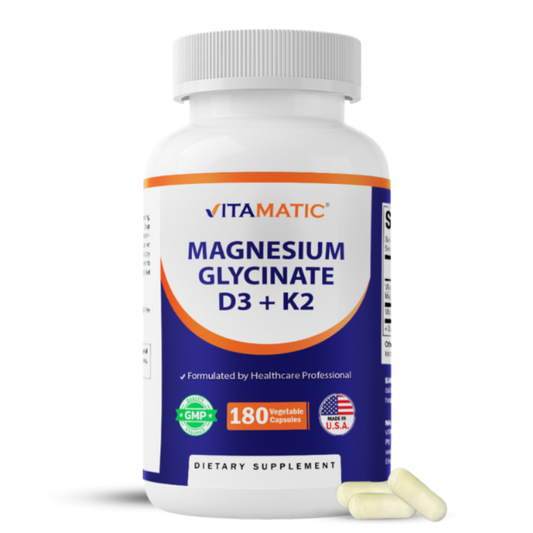 Magnesium Glycinate 200 mg (Elemental) with Vitamin D3 5000 IU & K2 200 mcg – High Absorption Bone, Muscle & Heart Support – 180 Veg Capsules – Non-GMO – Made in USA
